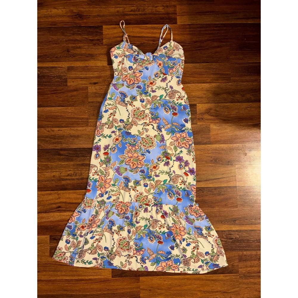 Monteau Los Angeles Floral Maxi Dress Blue Cream Sleeveless Ruffle Hem Small